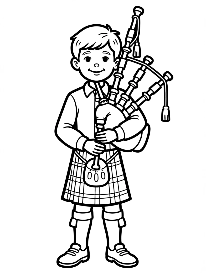 A smiling child with a kilt and a bagpipe for Scotland.