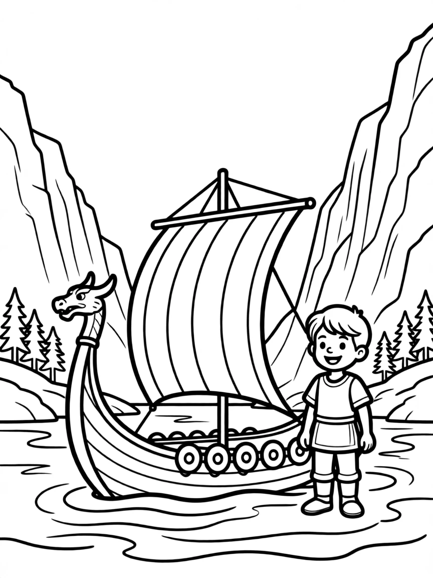 A happy child with a Viking ship and a fjord for Norway.