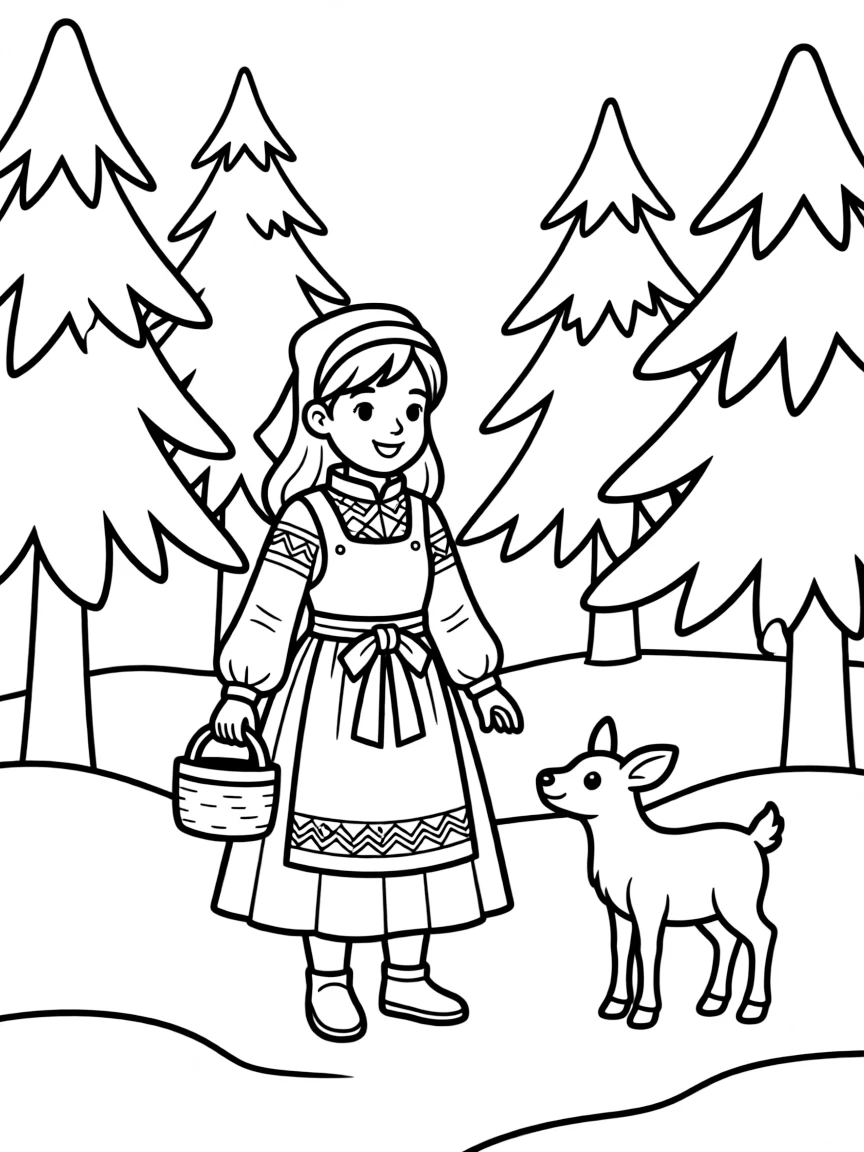 A cheerful child with a traditional Finnish dress and a snowy forest for Finland.