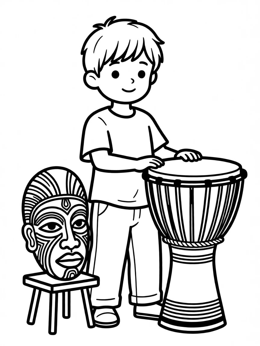 A child with a djembe drum and a traditional African mask for Ghana.