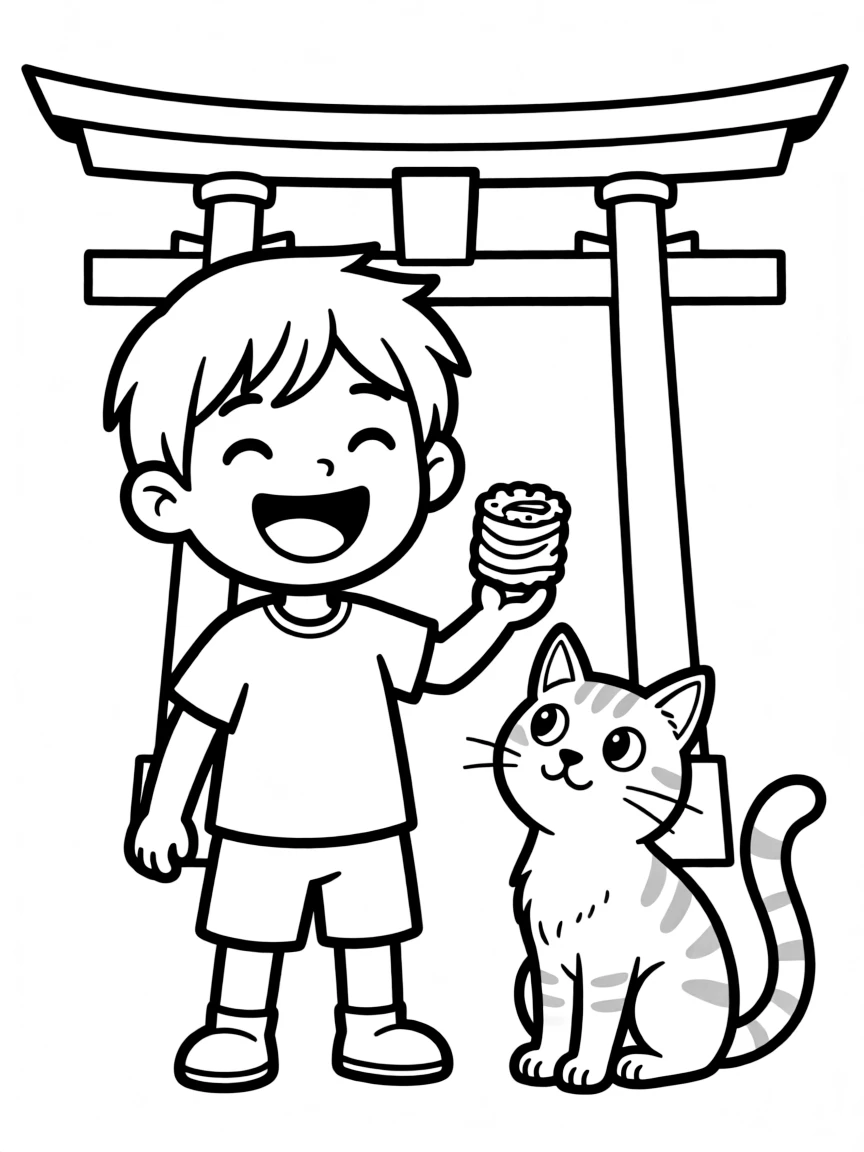 A smiling child with a sushi roll and a friendly cat for Japan.