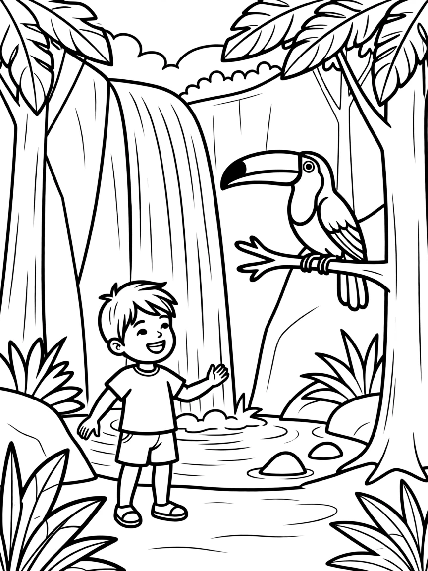A happy child with a toucan and a waterfall in a rainforest for Costa Rica.