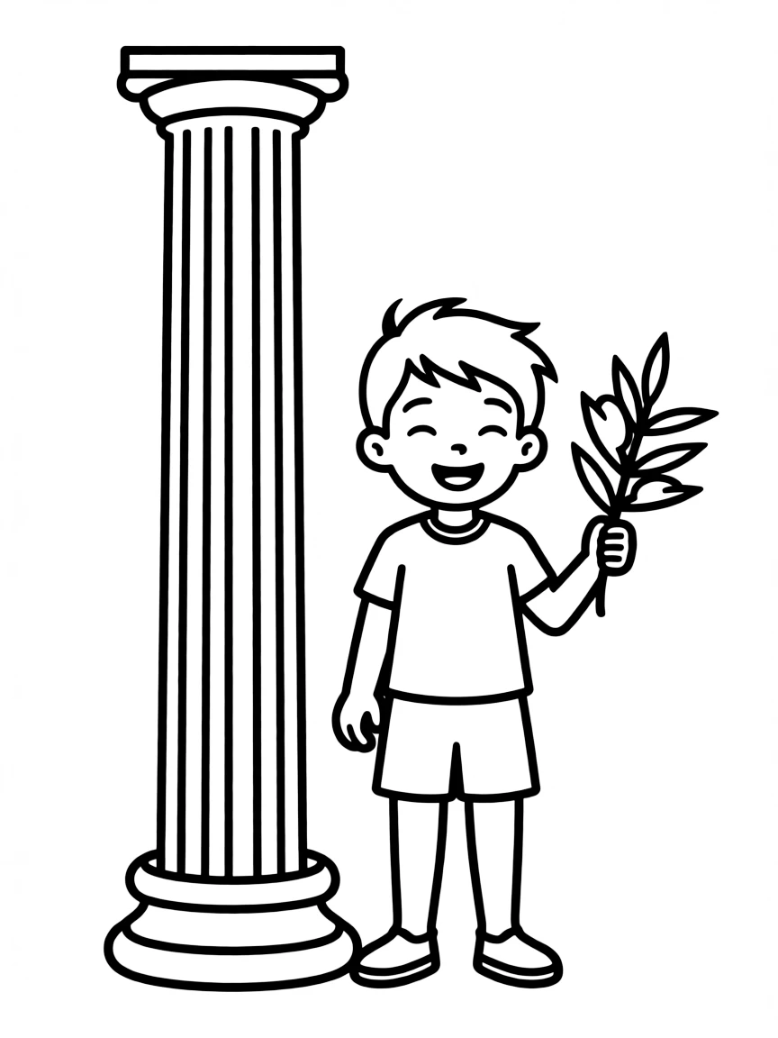 A cheerful child with an ancient column and an olive branch for Greece.