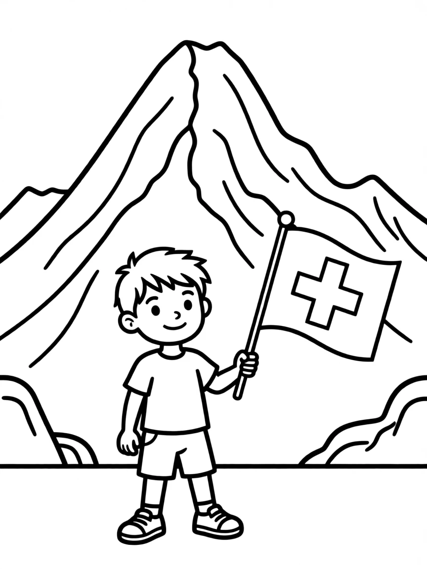 A child with a Swiss flag and a mountain for Switzerland.