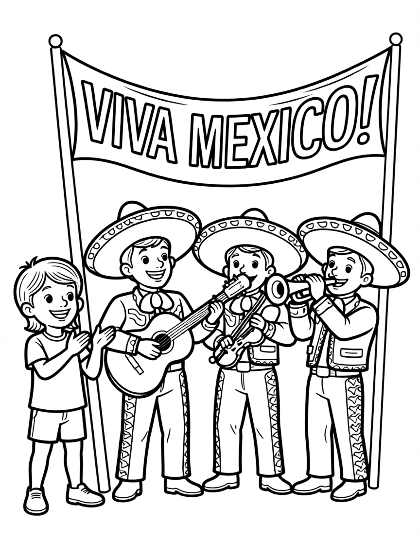 A smiling child with a mariachi band playing for Mexico.