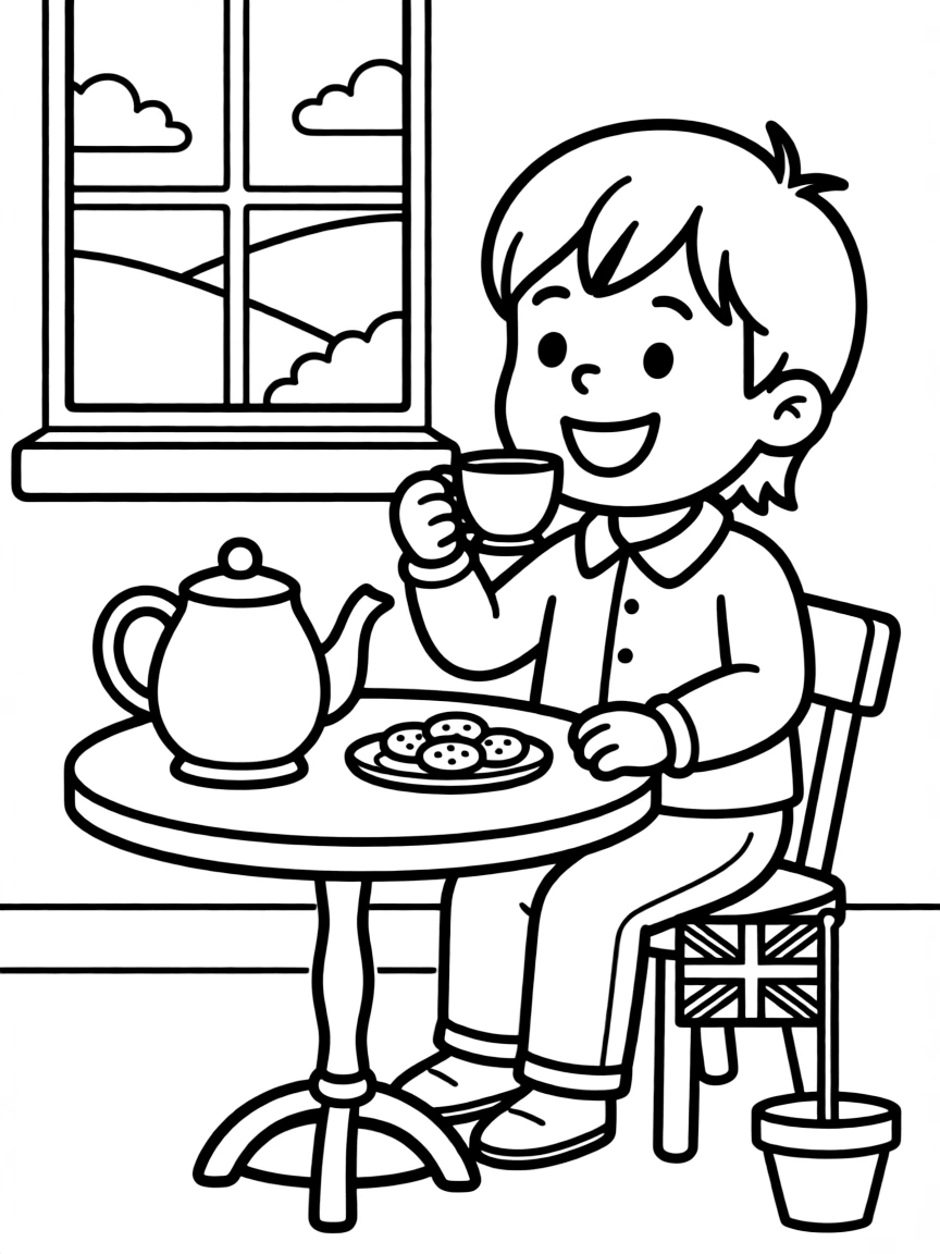 A happy child drinking tea with biscuits for United Kingdom.