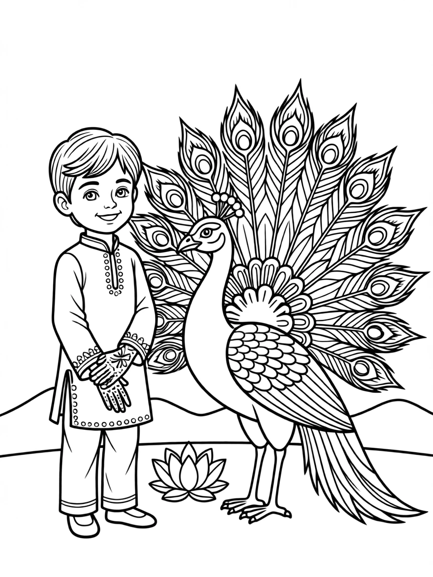 A cheerful child with henna on their hands and a peacock for India.