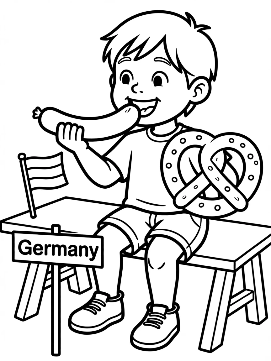 A smiling child eating a sausage and a pretzel for Germany.
