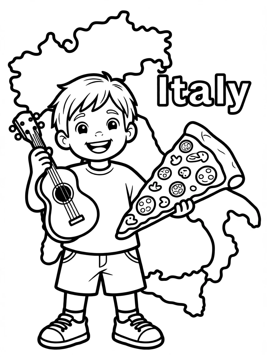 A cheerful child with a mandolin and a pizza slice for Italy.