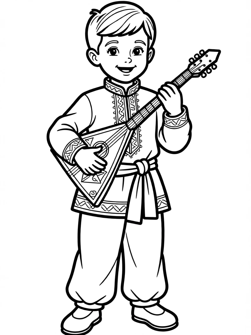 A child with a balalaika and a traditional Russian costume for Russia.