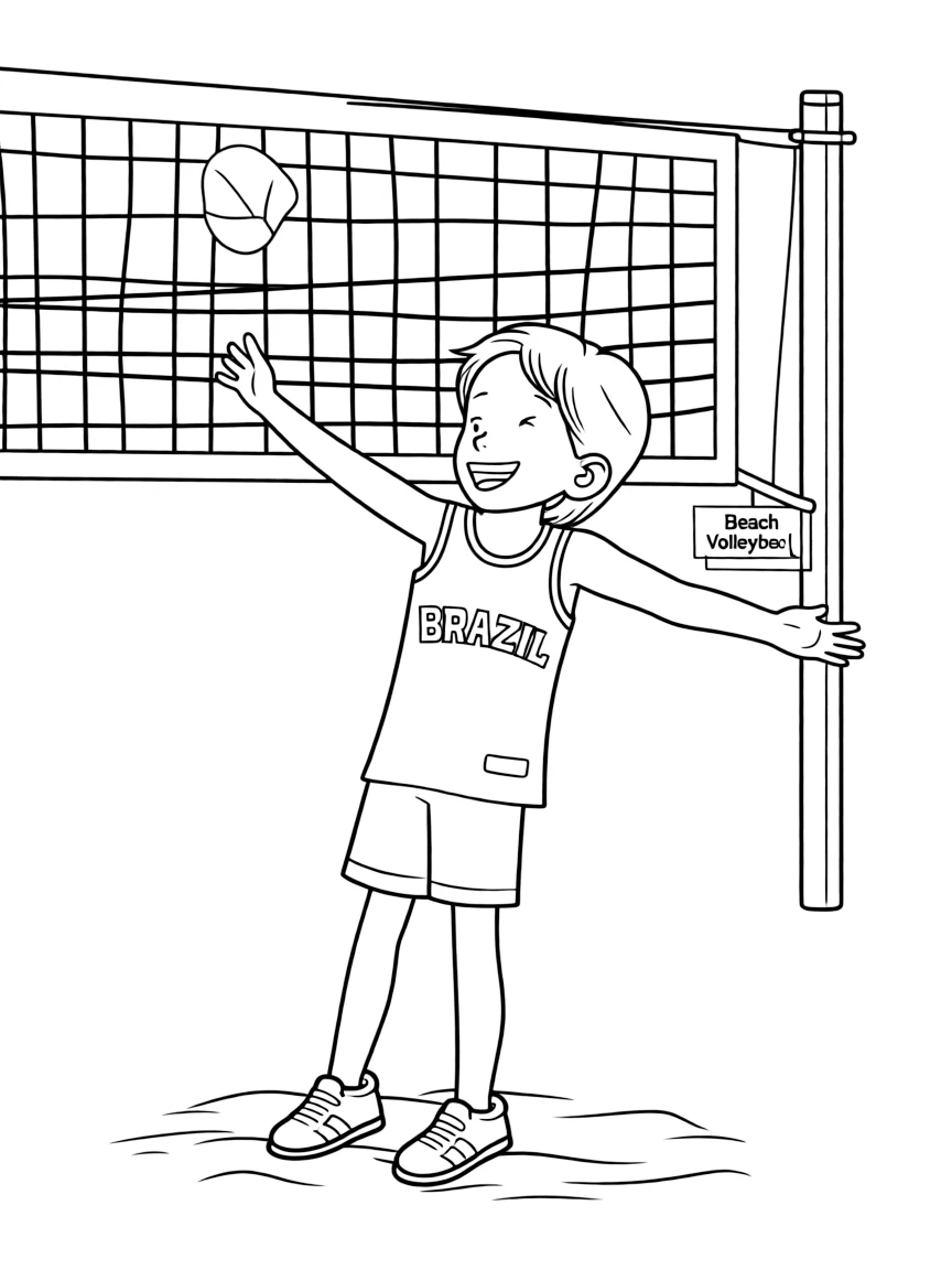 A happy child playing beach volleyball for Brazil.