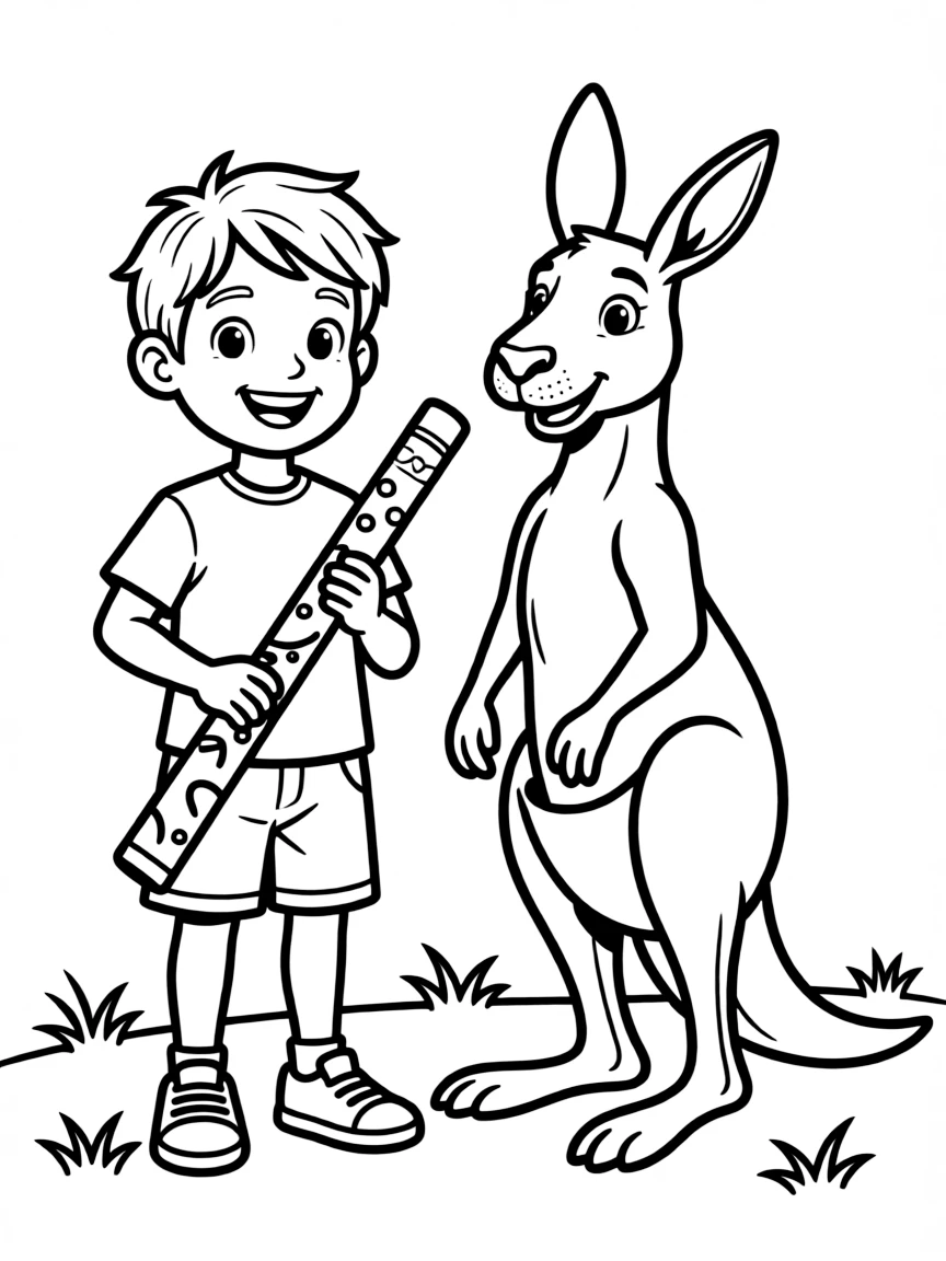 A cheerful child with a didgeridoo and a kangaroo for Australia.