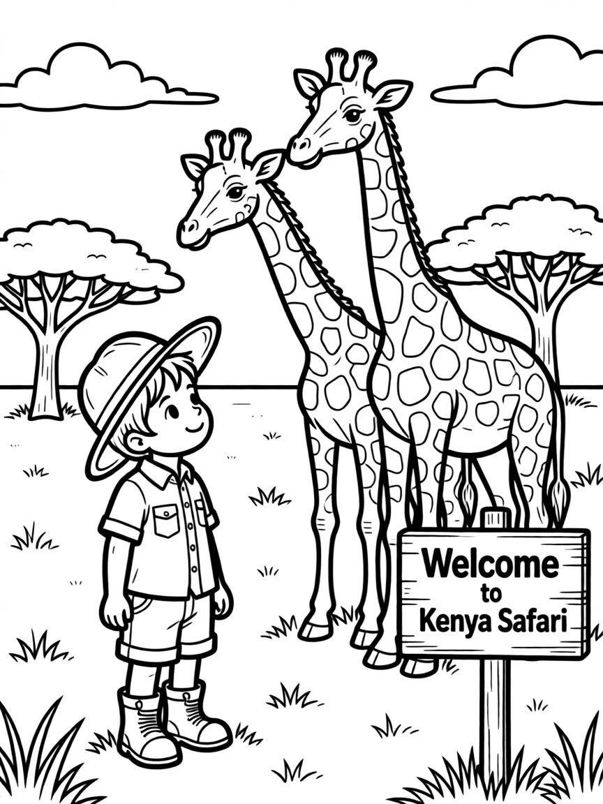 A child seeing giraffes on a safari for Kenya.