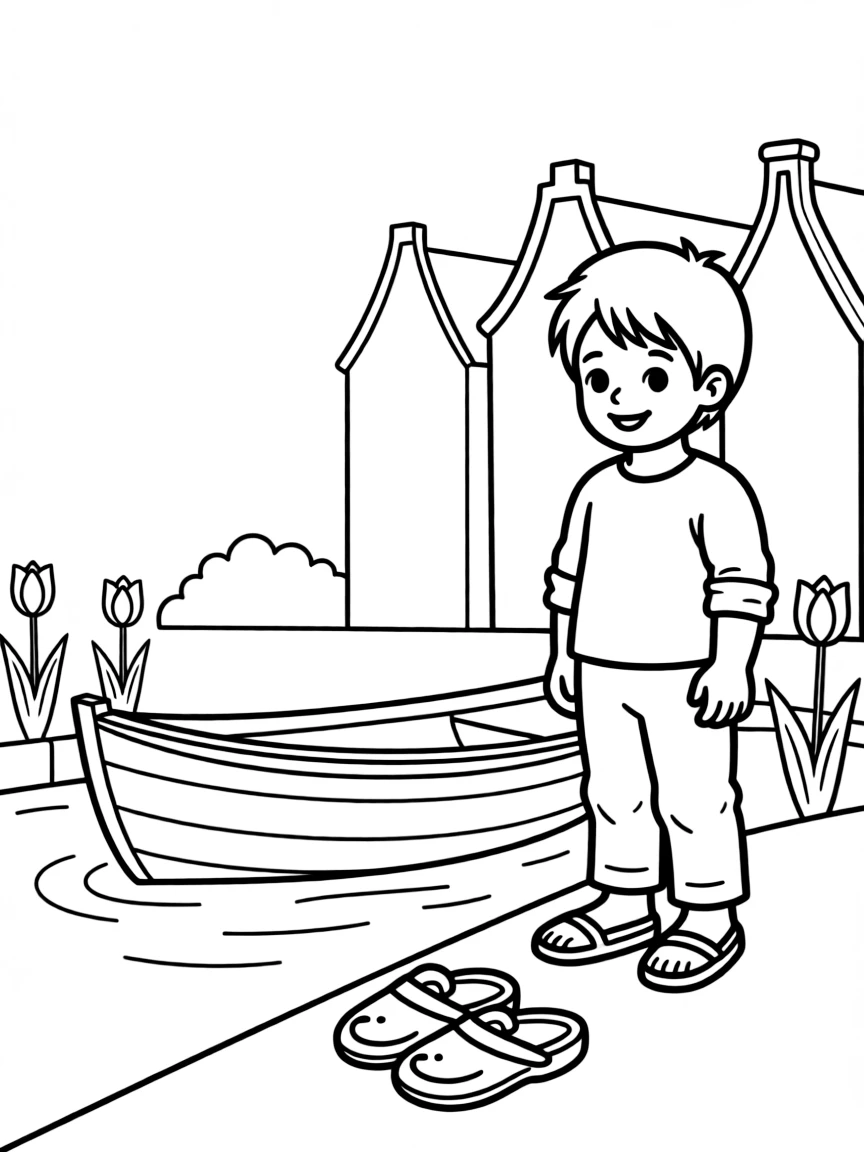 A happy child near a canal with a small boat and wooden clogs for Netherlands.