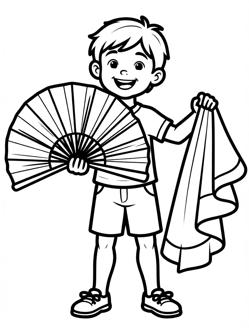 A cheerful child with a fan and a bullfighter cape for Spain.