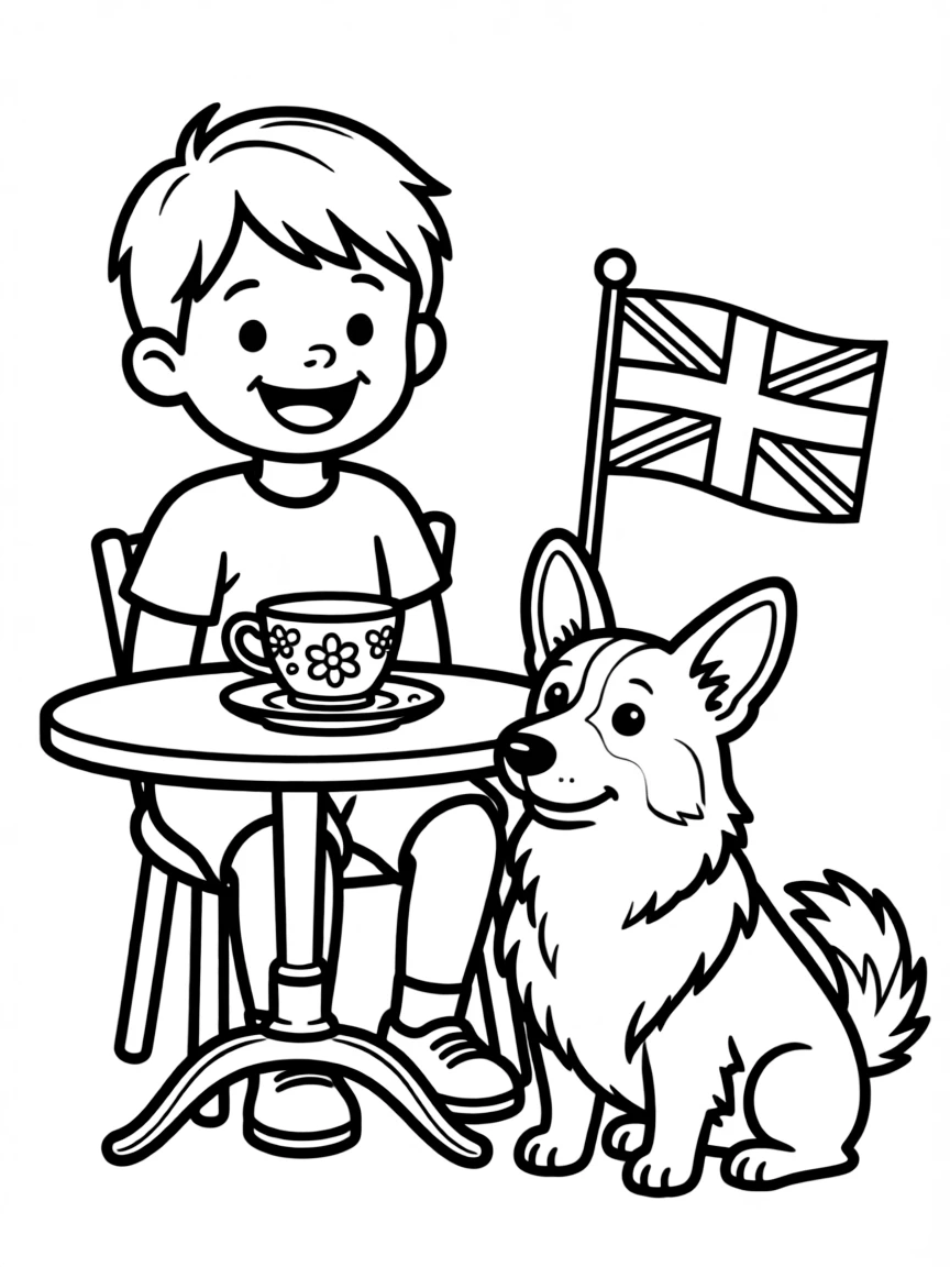 A happy child with a teacup and a corgi dog for United Kingdom.