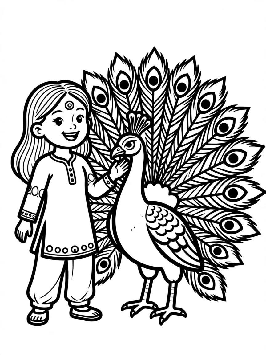 A cheerful child with a bindi and a peacock for India.