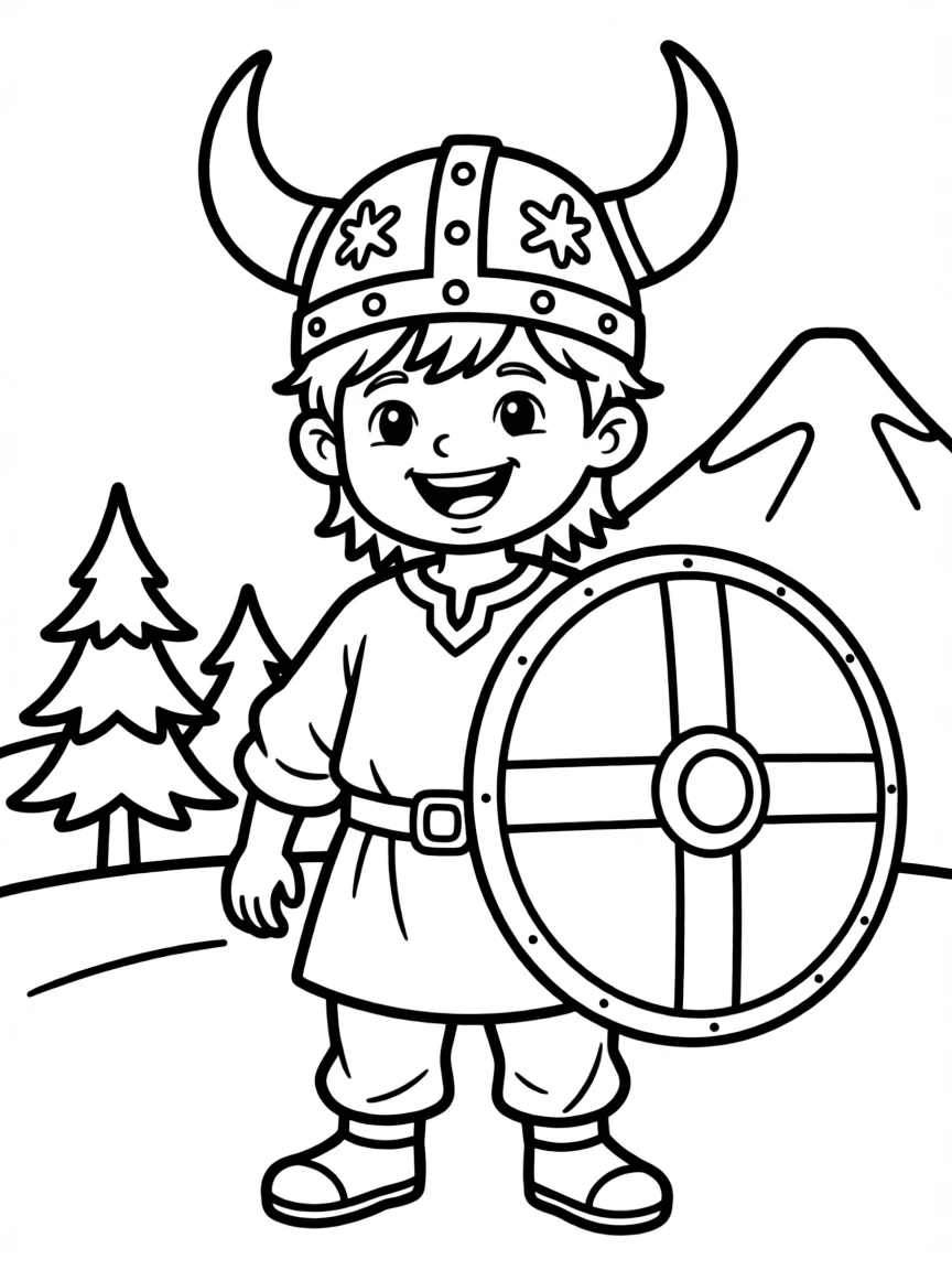 A happy child with a Viking helmet and a shield for Norway.
