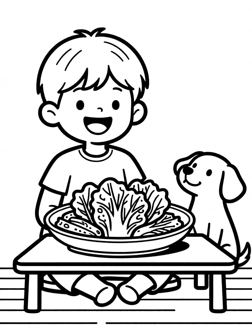 A cheerful child with a kimchi bowl and a cute dog for South Korea.