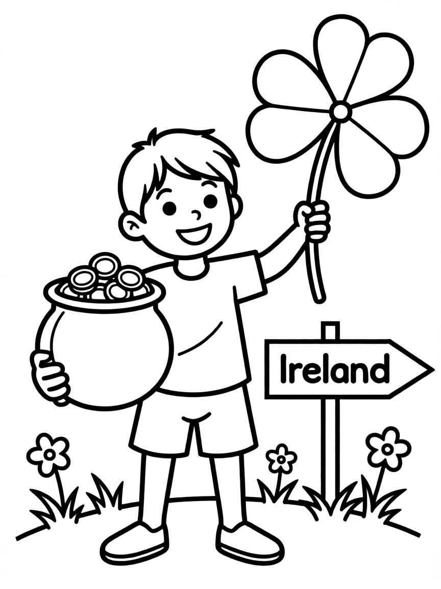A child with a pot of gold and a four-leaf clover for Ireland.