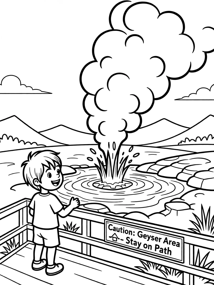 A smiling child exploring a geyser with steam for Iceland.