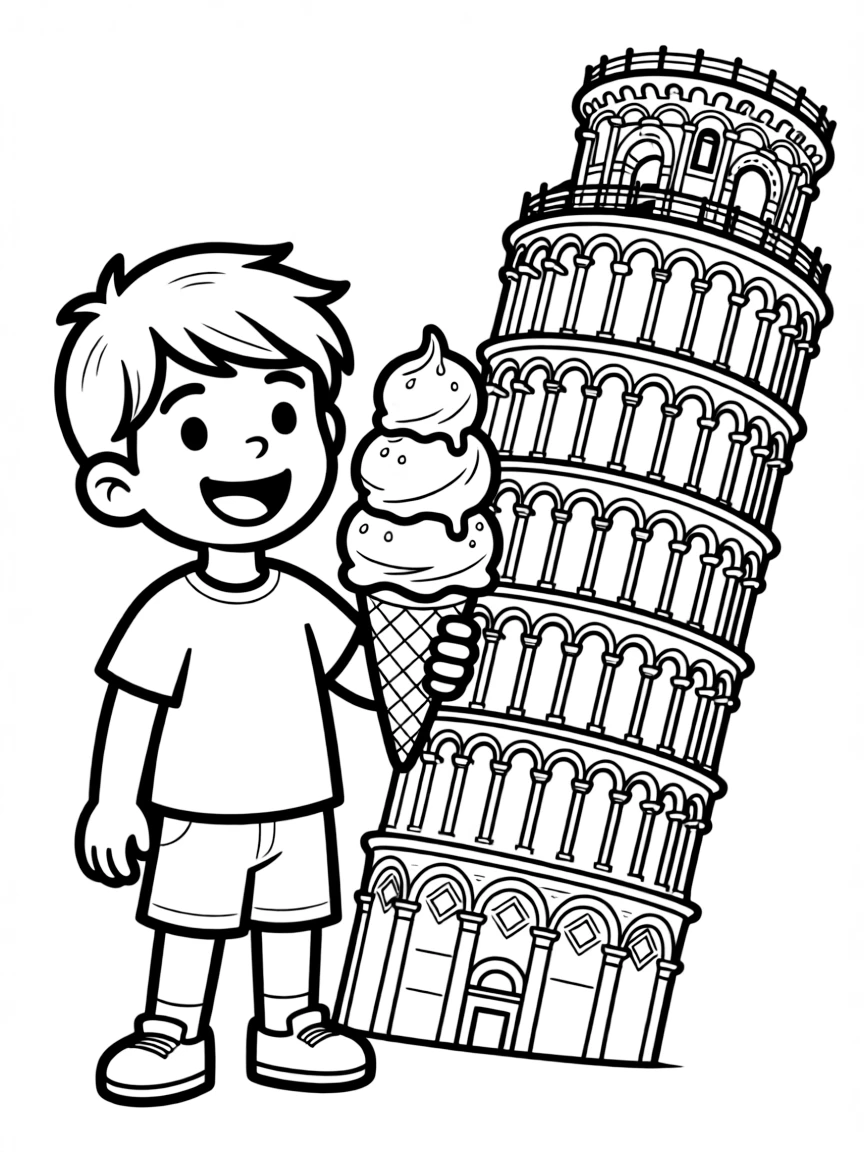 A happy child enjoying gelato and a leaning tower for Italy.