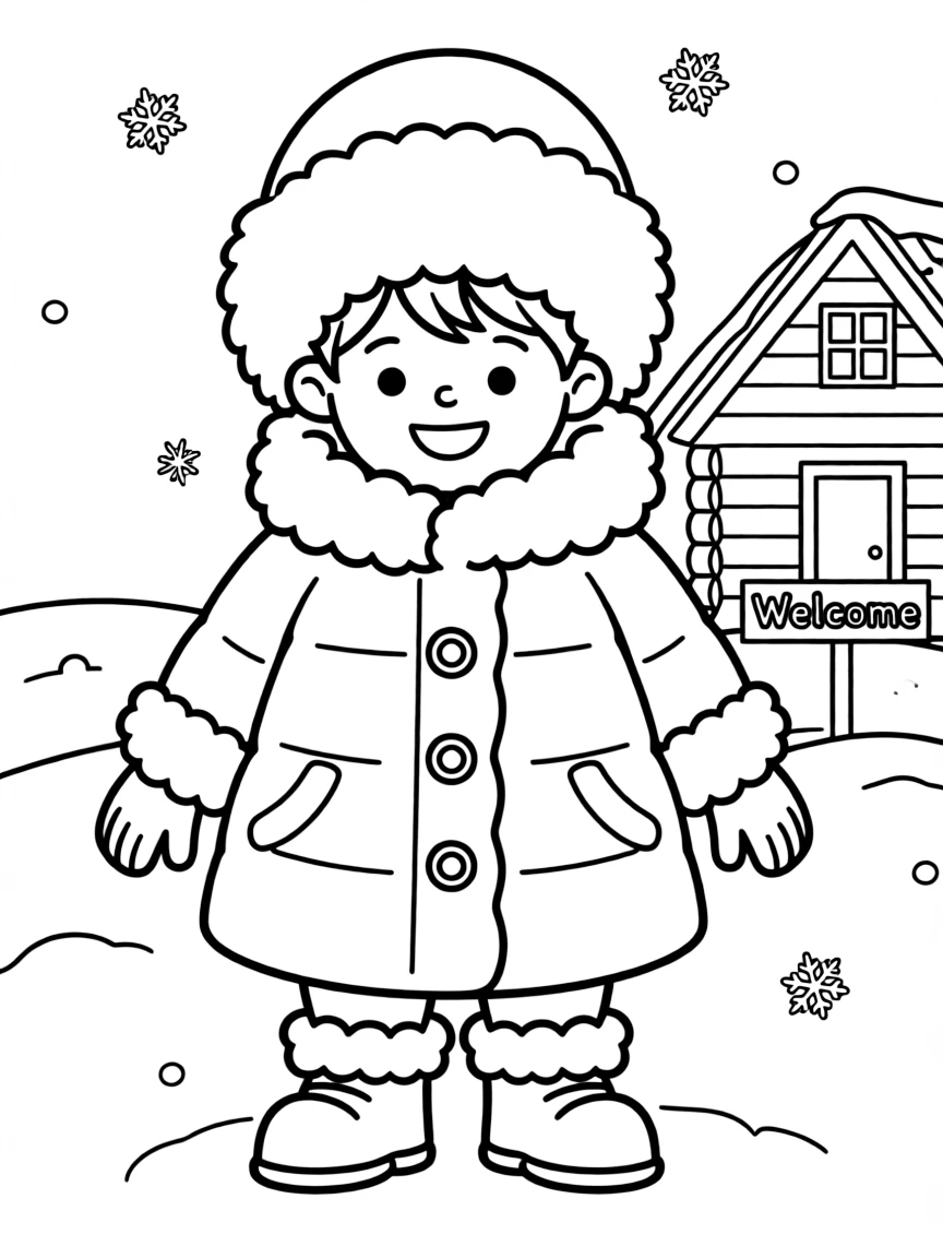 A cheerful child with a fur hat and a big coat for Russia.