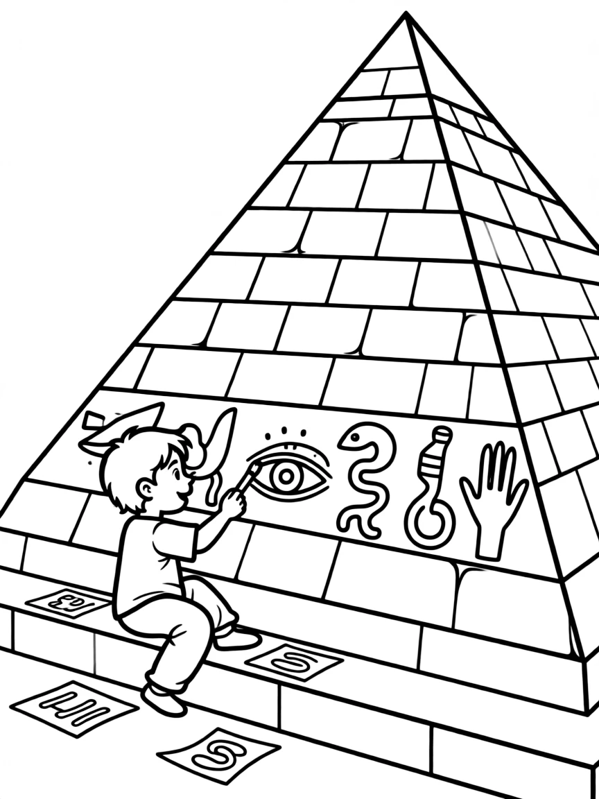 A child drawing hieroglyphs on a pyramid for Egypt.