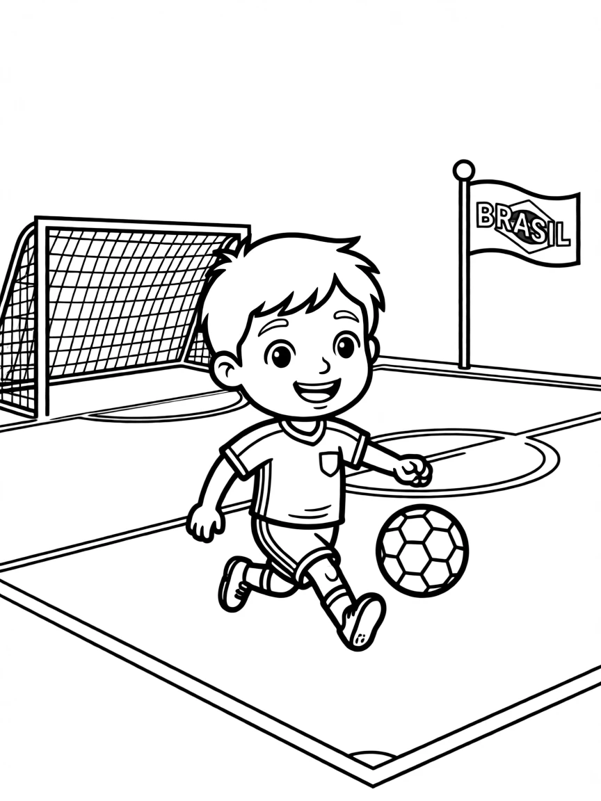 A smiling child playing soccer on a vibrant green field for Brazil.