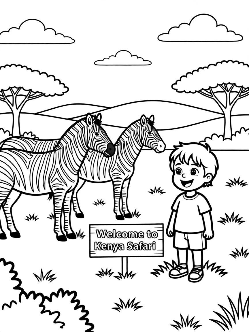 A cheerful child watching zebras on a safari for Kenya.
