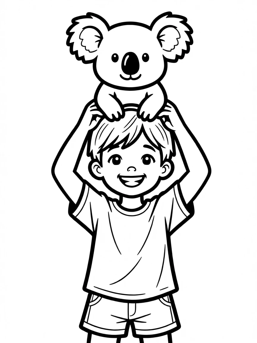 A happy child holding a koala on their head for Australia.