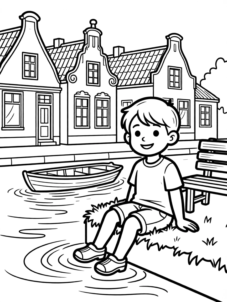 A smiling child wearing wooden clogs and sitting by a canal for Netherlands.