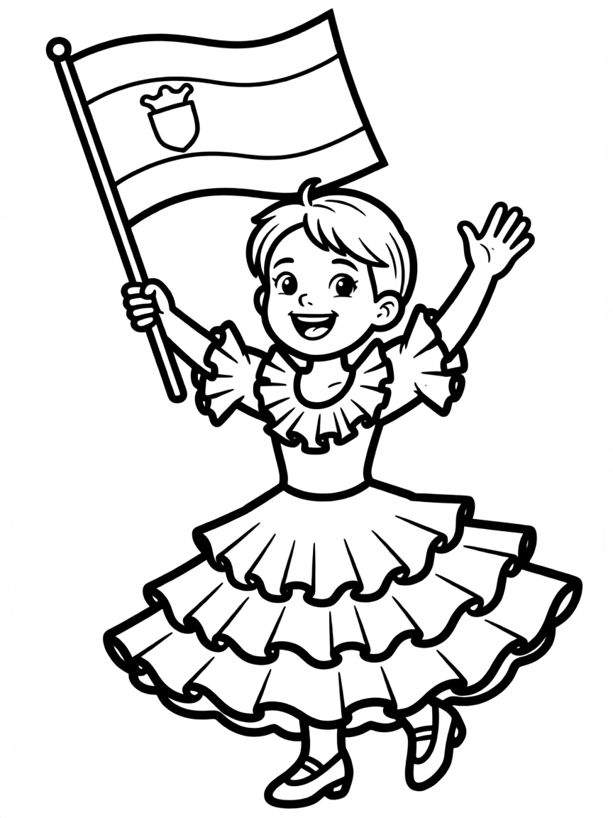 A happy child waving a Spanish flag and dancing flamenco for Spain.