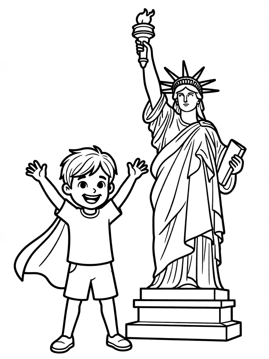 A cheerful child with a superhero cape and the Statue of Liberty for USA.