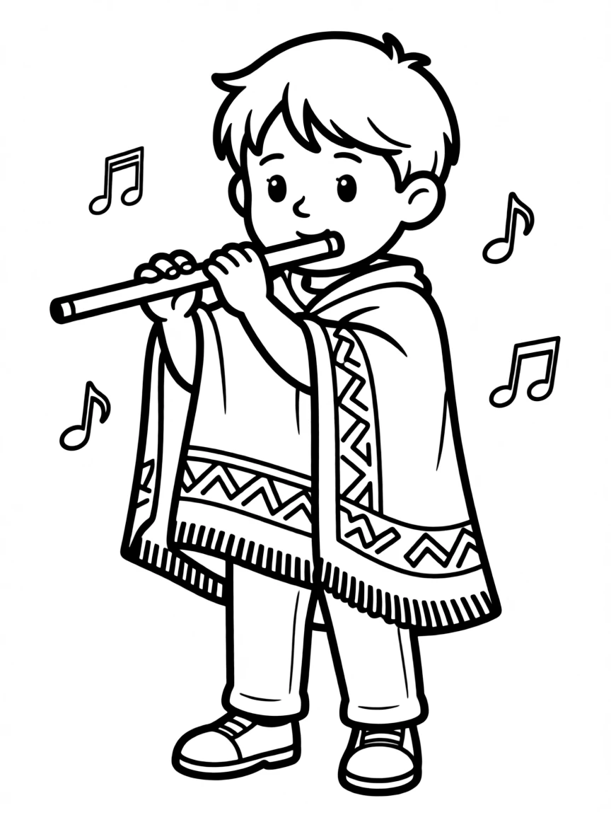 A child with a colorful blanket (poncho) and a flute for Peru.