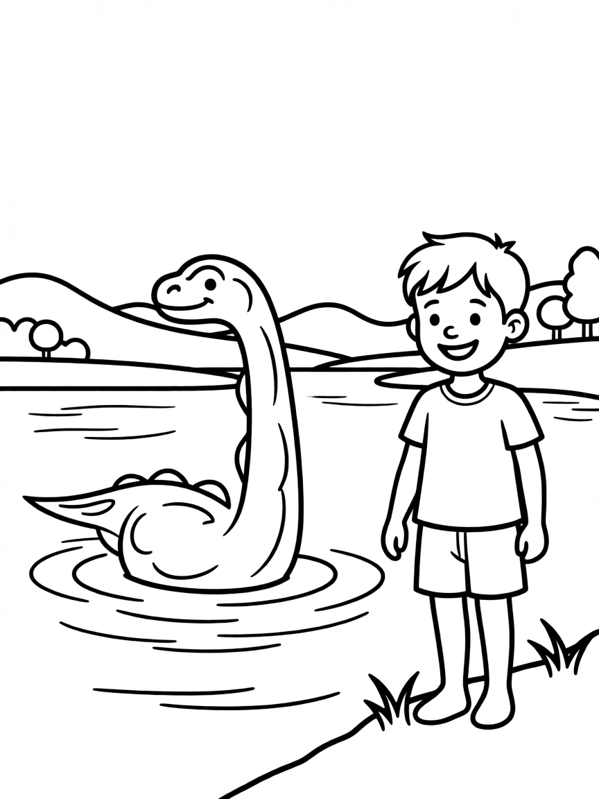 A smiling child near a lake with a monster (Nessie) for Scotland.