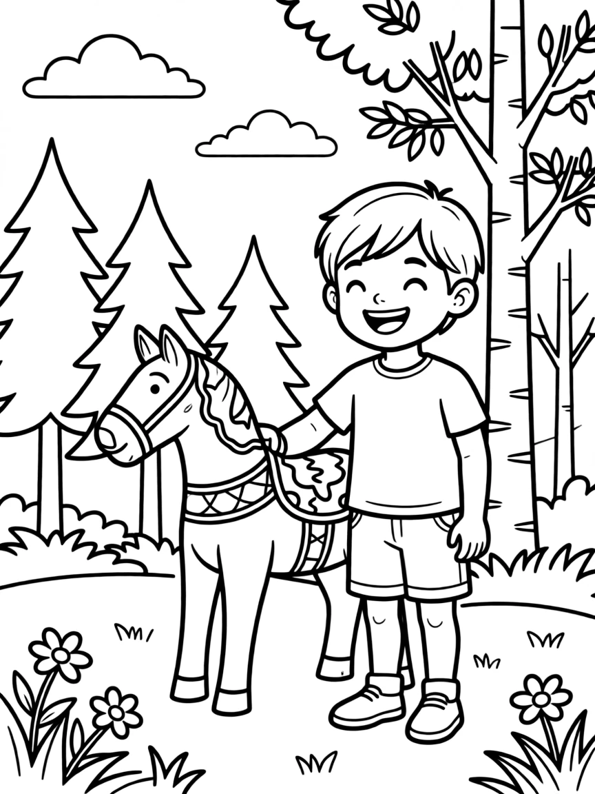 A happy child with a traditional Swedish horse (Dala horse) and a forest for Sweden.