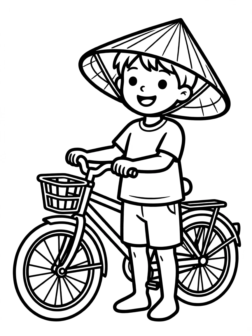 A cheerful child with a bicycle and a traditional Vietnamese hat for Vietnam.