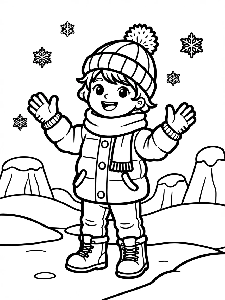 A smiling child bundled up in warm clothes in a snowy landscape for Antarctica.