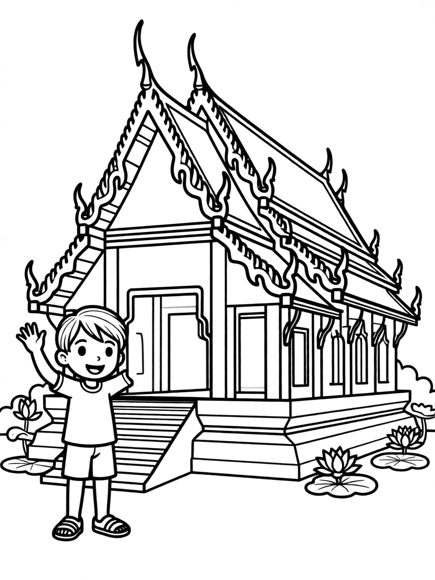 A smiling child near a temple for Thailand.