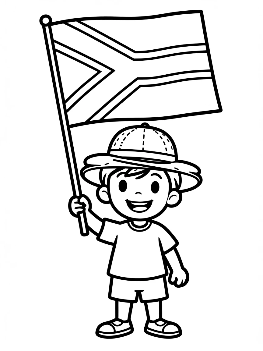 A happy child with a flag of South Africa and a safari hat.