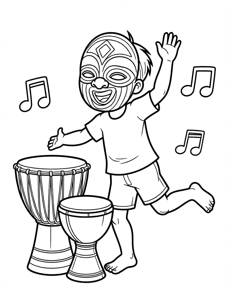 A child dancing to African drums with a mask for Ghana.
