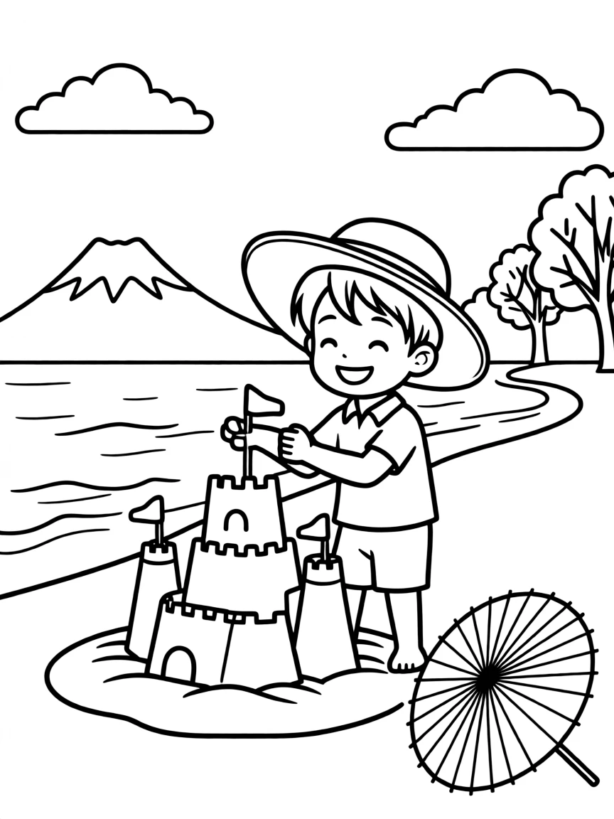 A smiling child building a sandcastle on a beautiful Japanese beach for Japan.