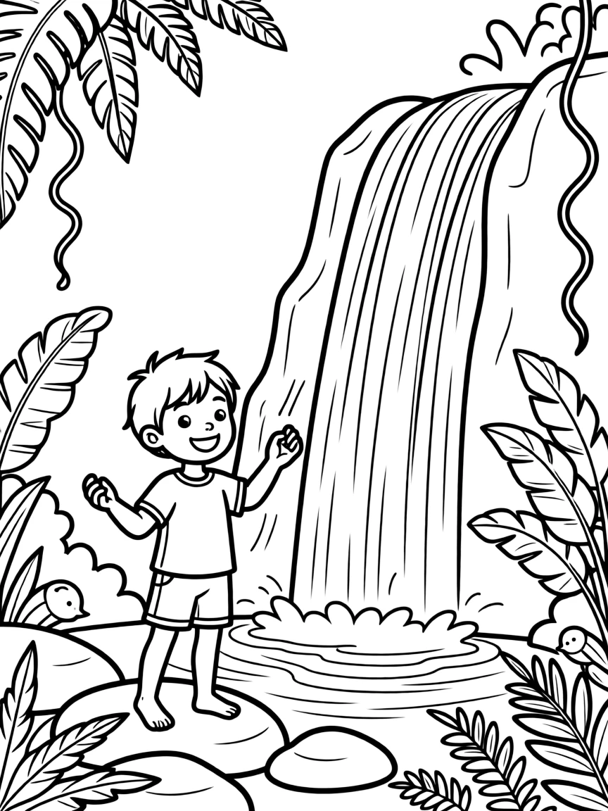 A happy child exploring a waterfall in a rainforest for Costa Rica.