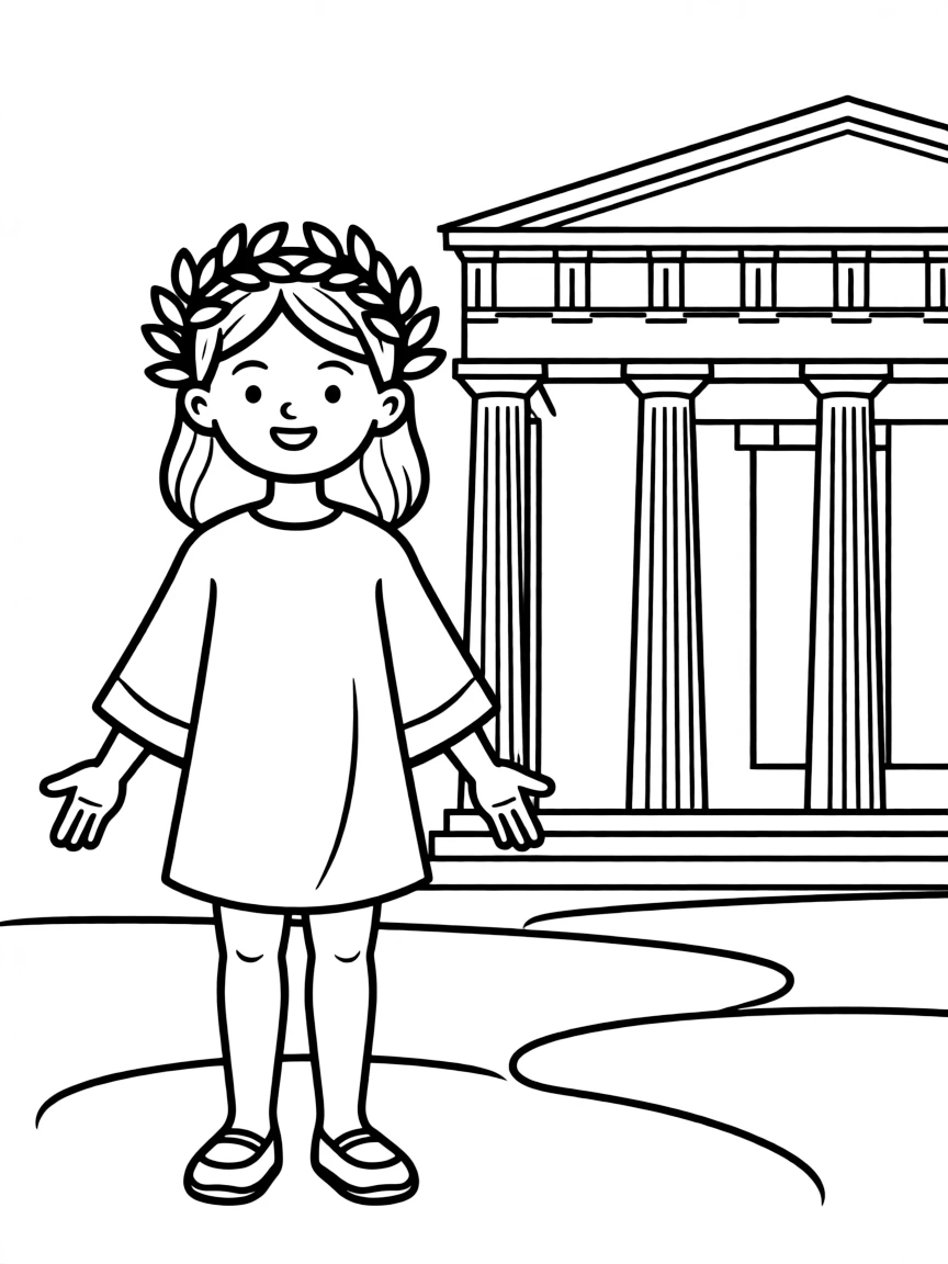 A cheerful child with a wreath of olive leaves and a Greek temple for Greece.