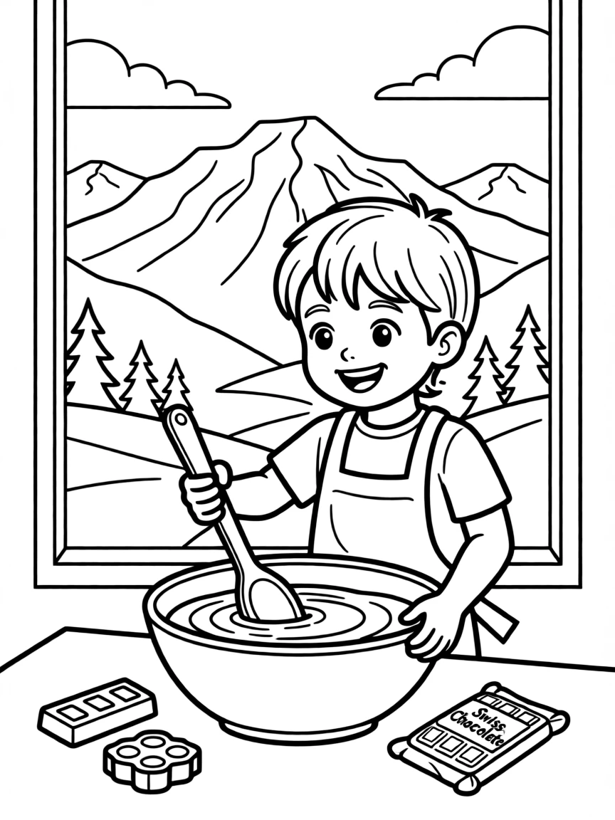 A child making Swiss chocolate with a mountain backdrop for Switzerland.