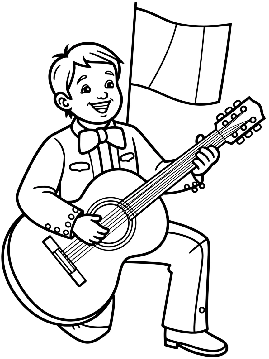 A smiling child playing mariachi music with a guitar for Mexico.