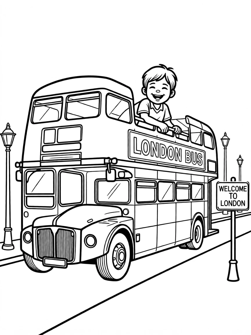 A happy child on a double-decker bus in London for United Kingdom.