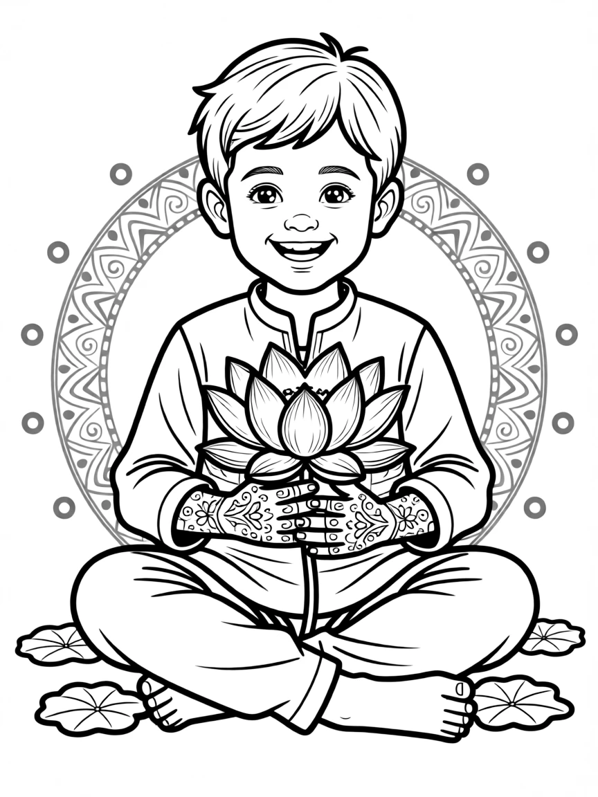 A cheerful child with henna on their hands and a lotus flower for India.