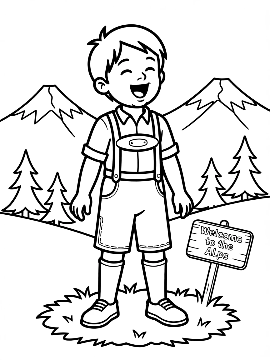 A smiling child wearing a lederhosen and yodeling in the Alps for Germany.